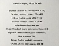 Surplus camping accessories for sale, tables, bags etc