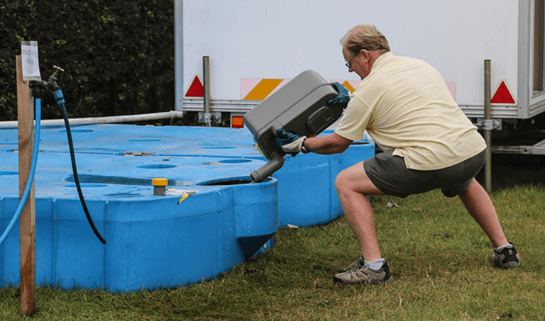 Avoiding splashback when emptying the motorhome toilet.